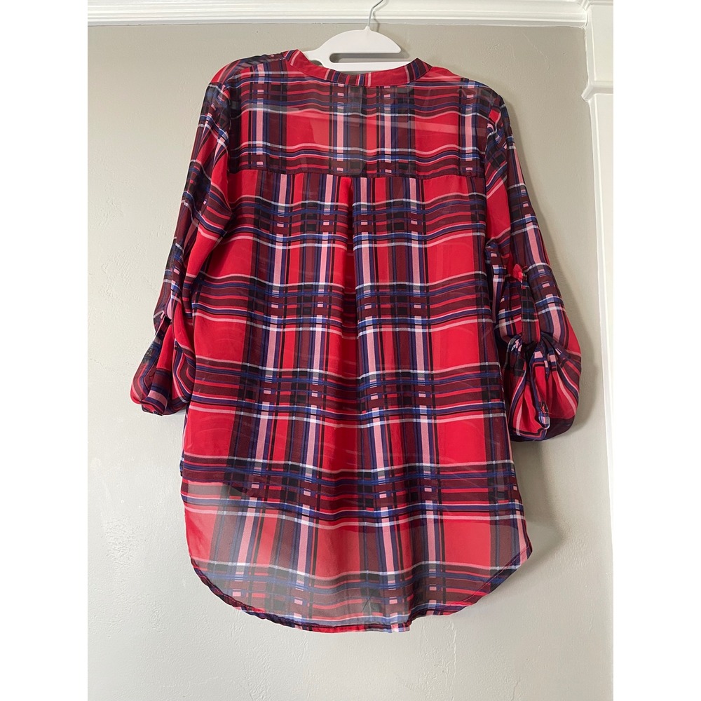 No Boundaries Womens Red Plaid Sheer Roll Tab Sleeve High Low Blouse Size M 7-9 - Picture 4 of 7